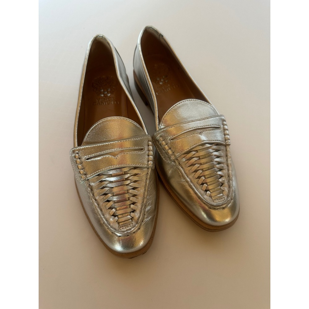 Vince Camuto Metallic Silver Leather Woven Penny Loafers Flats 6W 36.5